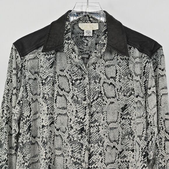 Vtg CACHE Top Womens Sz M Black Snakeskin Print Silk Faux Leather Button Up 90s - Picture 2 of 13